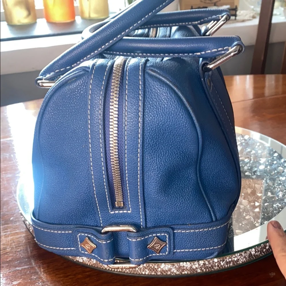 MCM Blue Satchel with Gold Accents with Card of Authenticity Boston style